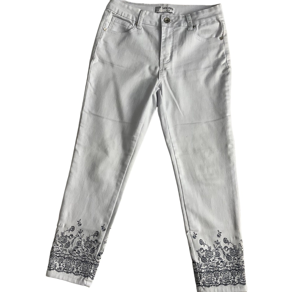 Sandpiper White‎ Embroidered Hem Floral Five Pocket Ankle Anklelength Pants 4P
